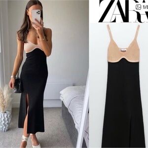 Zara Black Knit Midi Dress with Side Slit